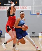 8 October 2021; Gianna Smith of The Address UCC Glanmire in action against Deirdre Geaney of Team Garvey's St Mary's during the Basketball Ireland Women's SuperLeague match between The Address UCC Glanmire and Team Garvey's St Mary's at The Mardyke in Cork. Photo by Brendan Moran/Sportsfile