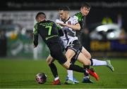 8 October 2021; Michael Duffy of Dundalk in action against Ronan Finn, right, and Dylan Watts of Shamrock Rovers during the SSE Airtricity League Premier Division match between Dundalk and Shamrock Rovers at Oriel Park in Dundalk, Louth. Photo by Seb Daly/Sportsfile