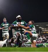 8 October 2021; Ratuva Tavuyara of Benetton celebrates with Benetton teammate Callum Bradley, right, after scoring his side's first try during the United Rugby Championship match between Ulster and Benetton at Kingspan Stadium in Belfast. Photo by Ramsey Cardy/Sportsfile