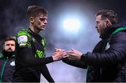 8 October 2021; Sean Gannon of Shamrock Rovers is greeted by Shamrock Rovers manager Stephen Bradley after their defeat in the SSE Airtricity League Premier Division match between Dundalk and Shamrock Rovers at Oriel Park in Dundalk, Louth. Photo by Ben McShane/Sportsfile