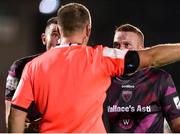 8 October 2021; Lorcan Fitzgearld of Wexford, right, and team-mate Kevin McEvoy remonstrate with referee Mark Houlihan during the SSE Airtricity League First Division match between Cork City and Wexford at Turners Cross in Cork. Photo by Michael P Ryan/Sportsfile