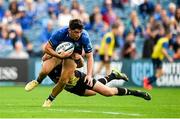 9 October 2021; Jimmy O'Brien of Leinster is tackled by Erich Cronje of Zebre during the United Rugby Championship match between Leinster and Zebre at the RDS Arena in Dublin. Photo by Harry Murphy/Sportsfile