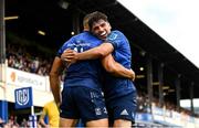 9 October 2021; Adam Byrne of Leinster celebrates after scoring his side's third try, with team-mate Jimmy O'Brien, during the United Rugby Championship match between Leinster and Zebre at the RDS Arena in Dublin. Photo by Harry Murphy/Sportsfile