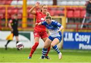 9 October 2021; Lynsey McKey of Galway in action against Jess Gargan of Shelbourne during the EVOKE.ie FAI Women's Cup Semi-Final match between Shelbourne and Galway WFC at Tolka Park in Dublin. Photo by Eóin Noonan/Sportsfile