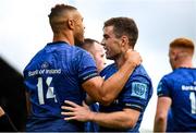 9 October 2021; Adam Byrne of Leinster celebrates after scoring his side's third try, with team-mate Luke McGrath, during the United Rugby Championship match between Leinster and Zebre at the RDS Arena in Dublin. Photo by Harry Murphy/Sportsfile