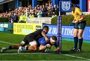 9 October 2021; Seán Cronin of Leinster dives over to score his side's fifth try, despite the tackle of Jacopo Trulla of Zebre, during the United Rugby Championship match between Leinster and Zebre at the RDS Arena in Dublin. Photo by Harry Murphy/Sportsfile