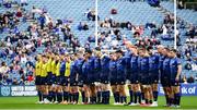 9 October 2021; Leinster players observe a minute of silence in memory of the Head of Marketing & Communications at Zebre Rugby Club Leonardo Mussini before the United Rugby Championship match between Leinster and Zebre at the RDS Arena in Dublin. Photo by Harry Murphy/Sportsfile