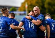 9 October 2021; Rónan Kelleher of Leinster, 16, celebrates after scoring his side's seventh try with team-mate Rhys Ruddock during the United Rugby Championship match between Leinster and Zebre at the RDS Arena in Dublin. Photo by Harry Murphy/Sportsfile
