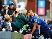 9 October 2021; Leinster player Adam Byrne celebrates with his mother Gillian after their side's victory in the United Rugby Championship match between Leinster and Zebre at RDS Arena in Dublin. Photo by Sam Barnes/Sportsfile