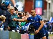 9 October 2021; Adam Byrne of Leinster celebrates with his mother Gillian after his side's victory in the United Rugby Championship match between Leinster and Zebre at RDS Arena in Dublin. Photo by Sam Barnes/Sportsfile