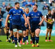 9 October 2021; Max Deegan and Peter Dooley of Leinster after their side's victory in the United Rugby Championship match between Leinster and Zebre at the RDS Arena in Dublin. Photo by Harry Murphy/Sportsfile