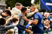 9 October 2021; Adam Byrne of Leinster celebrates with supporters after his side's victory in the United Rugby Championship match between Leinster and Zebre at the RDS Arena in Dublin. Photo by Harry Murphy/Sportsfile