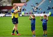 9 October 2021; Seán Cronin of Leinster and his children, Finn and Cillian, applaud supporters after the United Rugby Championship match between Leinster and Zebre at the RDS Arena in Dublin. Photo by Harry Murphy/Sportsfile