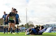 9 October 2021; Seán Cronin of Leinster scores his side's fifth try despite the tackle of Pierre Bruno of Zebre during the United Rugby Championship match between Leinster and Zebre at the RDS Arena in Dublin. Photo by Harry Murphy/Sportsfile