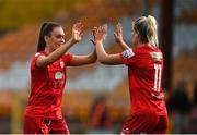 9 October 2021; Jess Gargan of Shelbourne, left, celebrates with team-mate Saoirse Noonan after the EVOKE.ie FAI Women's Cup Semi-Final match between Shelbourne and Galway WFC at Tolka Park in Dublin. Photo by Eóin Noonan/Sportsfile