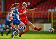 9 October 2021; Saoirse Noonan of Shelbourne has a shot on goal despite the efforts of Shauna Brennan of Galway during the EVOKE.ie FAI Women's Cup Semi-Final match between Shelbourne and Galway WFC at Tolka Park in Dublin. Photo by Eóin Noonan/Sportsfile