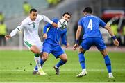 9 October 2021; Adam Idah of Republic of Ireland in action against Emin Makhmudov, centre, and Hojjat Haghverdi of Azerbaijan during the FIFA World Cup 2022 qualifying group A match between Azerbaijan and Republic of Ireland at the Olympic Stadium in Baku, Azerbaijan. Photo by Stephen McCarthy/Sportsfile