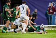 9 October 2021; Mack Hansen of Connacht dives over to score his side's first try during the United Rugby Championship match between Connacht and Dragons at The Sportsground in Galway. Photo by Seb Daly/Sportsfile