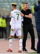 9 October 2021; Republic of Ireland manager Stephen Kenny greets Callum Robinson of Republic of Ireland as he comes off the pitch for a second half substitution during the FIFA World Cup 2022 qualifying group A match between Azerbaijan and Republic of Ireland at the Olympic Stadium in Baku, Azerbaijan. Photo by Stephen McCarthy/Sportsfile