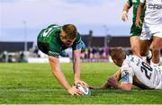 9 October 2021; Conor Fitzgerald of Connacht dives over to score his side's second try during the United Rugby Championship match between Connacht and Dragons at The Sportsground in Galway. Photo by Seb Daly/Sportsfile