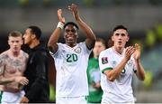9 October 2021; Republic of Ireland players Chiedozie Ogbene, left, and Jamie McGrath after their side's victory in the FIFA World Cup 2022 qualifying group A match between Azerbaijan and Republic of Ireland at the Olympic Stadium in Baku, Azerbaijan. Photo by Stephen McCarthy/Sportsfile