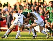 9 October 2021; Leva Fifita of Connacht in action against Aneurin Owen, left, and Sam Davies of Dragons during the United Rugby Championship match between Connacht and Dragons at The Sportsground in Galway. Photo by Piaras Ó Mídheach/Sportsfile