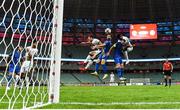 9 October 2021; Chiedozie Ogbene of Republic of Ireland heads to score his side's third goal during the FIFA World Cup 2022 qualifying group A match between Azerbaijan and Republic of Ireland at the Olympic Stadium in Baku, Azerbaijan. Photo by Stephen McCarthy/Sportsfile