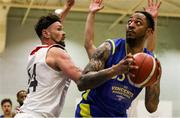 9 October 2021; Julius Brooks of DCU St. Vincent's in action against Jason Killeen of Griffith College Templeogue during the InsureMyVan.ie Men's Super League North Conference match between DCU St Vincent's and Griffith College Templeogue at DCU Sports Complex in Dublin. Photo by Daniel Tutty/Sportsfile