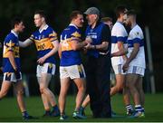 9 October 2021; Ciarán Kilkenny of Castleknock with St Vincent's manager Brian Mullins after the Go Ahead Dublin County Senior Club Football Championship Group 2 match between Castleknock and St Vincent's at Naul in Dublin. Photo by David Fitzgerald/Sportsfile