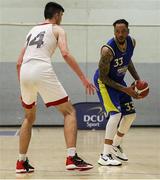 9 October 2021; Julius Brooks of DCU St. Vincent's in action against Callum McGrail of Griffith College Templeogue during the InsureMyVan.ie Men's Super League North Conference match between DCU St Vincent's and Griffith College Templeogue at DCU Sports Complex in Dublin. Photo by Daniel Tutty/Sportsfile