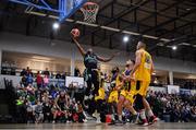 9 October 2021; Aaron Calixte of Garvey's Tralee Warriors goes up for a basket from Team 360 Financial Killorglin players, Xavier Arriaga, Allan Thomas, Shane O'Connell and Simon Francis during the InsureMyVan.ie Men's SuperLeague South Conference match between Garveys Tralee Warriors and Team 360 Financial Killorglin at Tralee Sports Complex in Tralee, Kerry. Photo by Brendan Moran/Sportsfile