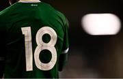 8 October 2021; A detailed view of the shirt worn by Tyreik Wright of Republic of Ireland during the UEFA European U21 Championship Qualifier match between Republic of Ireland and Luxembourg at Tallaght Stadium in Dublin.  Photo by Eóin Noonan/Sportsfile