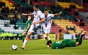 8 October 2021; Kevin D'Anzico of Luxembourg in action against Conor Noss of Republic of Ireland during the UEFA European U21 Championship Qualifier match between Republic of Ireland and Luxembourg at Tallaght Stadium in Dublin.  Photo by Eóin Noonan/Sportsfile