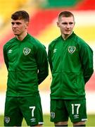 8 October 2021; Republic of Ireland team-mates Gavin Kilkenny, left, and Ross Tierney during the UEFA European U21 Championship Qualifier match between Republic of Ireland and Luxembourg at Tallaght Stadium in Dublin.  Photo by Eóin Noonan/Sportsfile