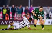 9 October 2021; Shane Delahunt of Connacht evades the tackle of Dragons' Jordan Olowofela during the United Rugby Championship match between Connacht and Dragons at The Sportsground in Galway. Photo by Seb Daly/Sportsfile