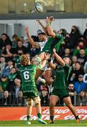 9 October 2021; Ultan Dillane of Connacht and Jordan Olowofela of Dragons contest a high ball during the United Rugby Championship match between Connacht and Dragons at The Sportsground in Galway. Photo by Seb Daly/Sportsfile