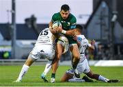 9 October 2021; Tiernan O’Halloran of Connacht is tackled by Jordan Williams, left, and Jordan Olowofela of Dragons during the United Rugby Championship match between Connacht and Dragons at The Sportsground in Galway. Photo by Seb Daly/Sportsfile