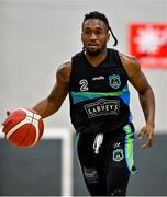 9 October 2021; Aaron Calixte of Garvey's Tralee Warriors during the InsureMyVan.ie Men's SuperLeague South Conference match between Garveys Tralee Warriors and Team 360 Financial Killorglin at Tralee Sports Complex in Tralee, Kerry. Photo by Brendan Moran/Sportsfile