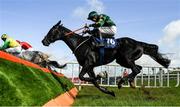 10 October 2021; Stumptown, with Conor McNamara up, jumps the last on their way to winning the PricewaterhouseCoopers Maiden Hurdle at Limerick Racecourse in Patrickswell, Limerick. Photo by Seb Daly/Sportsfile