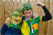 10 October 2021; Dunloy supporters, Iarfhlaith O'Kane, age 9, left, and Pearse McMullan, age 10, before the Antrim County Senior Club Hurling Championship Final match between Dunloy and O'Donovan Rossa at Corrigan Park in Belfast. Photo by Ramsey Cardy/Sportsfile