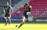 10 October 2021; Ben Healy of Munster kicks penalty during the United Rugby Championship match between Scarlets and Munster at Parc Y Scarlets in Llanelli, Wales. Photo by Gareth Everett/Sportsfile