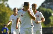 10 October 2021; Maksymilian Dziuba of Poland, left, celebrates after scoring his side's first goal during the UEFA U17 Championship Qualifying Round Group 5 match between Poland and Andorra at The Mardyke in Cork. Photo by Eóin Noonan/Sportsfile