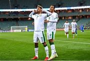 9 October 2021; Callum Robinson of Republic of Ireland celebrates after scoring his side's first goal with team-mate Adam Idah, right, during the FIFA World Cup 2022 qualifying group A match between Azerbaijan and Republic of Ireland at the Olympic Stadium in Baku, Azerbaijan. Photo by Stephen McCarthy/Sportsfile