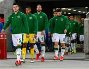 9 October 2021; Republic of Ireland captain John Egan leads his side out before the FIFA World Cup 2022 qualifying group A match between Azerbaijan and Republic of Ireland at the Olympic Stadium in Baku, Azerbaijan. Photo by Stephen McCarthy/Sportsfile