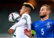 9 October 2021; Callum Robinson of Republic of Ireland in action against Maksim Medvedev of Azerbaijan during the FIFA World Cup 2022 qualifying group A match between Azerbaijan and Republic of Ireland at the Olympic Stadium in Baku, Azerbaijan. Photo by Stephen McCarthy/Sportsfile