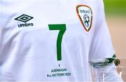 9 October 2021; A detailed view of the Republic of Ireland jersey worn by Callum Robinson during the FIFA World Cup 2022 qualifying group A match between Azerbaijan and Republic of Ireland at the Olympic Stadium in Baku, Azerbaijan. Photo by Stephen McCarthy/Sportsfile