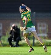 10 October 2021; Chrissy McMahon of Dunloy celebrates after scoring his side's third goal during the Antrim County Senior Club Hurling Championship Final match between Dunloy and O'Donovan Rossa at Corrigan Park in Belfast. Photo by Ramsey Cardy/Sportsfile