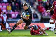 10 October 2021; Liam Coombes of Munster on his way to scoring his side's second try during the United Rugby Championship match between Scarlets and Munster at Parc Y Scarlets in Llanelli, Wales. Photo by Ben Evans/Sportsfile