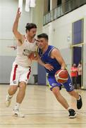 9 October 2021; Kev Hughes of DCU St Vincent's in action against Stephen James of Griffith College Templeogue during the InsureMyVan.ie Men's Super League North Conference match between DCU St Vincent's and Griffith College Templeogue at DCU Sports Complex in Dublin. Photo by Daniel Tutty/Sportsfile