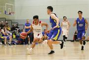 9 October 2021; Kris Arcilla of Griffith College Templeogue in action against Kev Hughes of DCU St Vincent's during the InsureMyVan.ie Men's Super League North Conference match between DCU St Vincent's and Griffith College Templeogue at DCU Sports Complex in Dublin. Photo by Daniel Tutty/Sportsfile